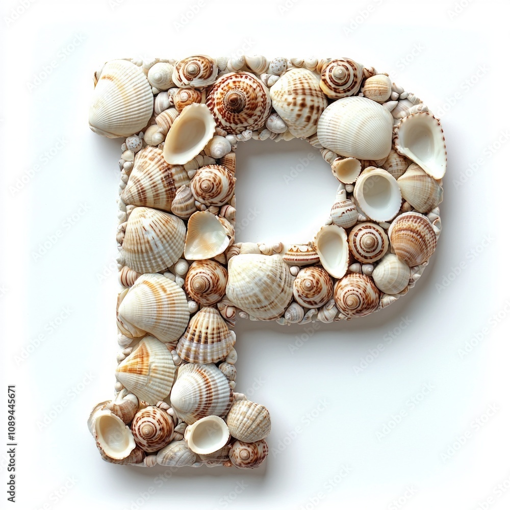 Poster letter p artistically arranged array seashells highlighting intricate details and natural textures s