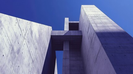 Modern high-rise concrete building with sharp, clean lines under a deep blue sky, capturing the elegance of modern architecture.