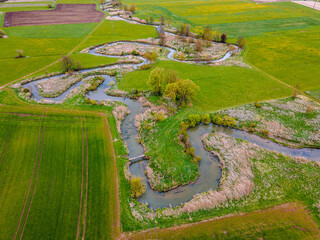 Ein kurvenreicher, kleiner Fluss mäandert durch eine grüne Landschaft