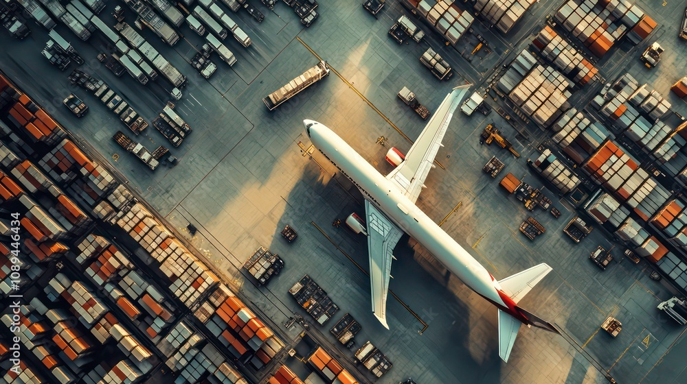 Poster An airplane parked at a cargo terminal with many shipping containers surrounding it.