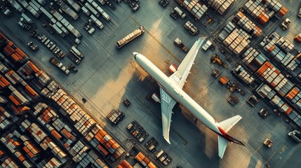 An airplane parked at a cargo terminal with many shipping containers surrounding it.
