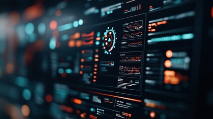 Naklejka premium Futuristic digital interface with data visualizations displaying charts, graphs, and information in a high-tech dashboard style, emphasizing technology and data analysis.