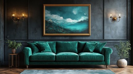 Here's a caption and keywords for your stock image.. Elegant emerald velvet sofa in a dark, moody living room with teal landscape artwork.