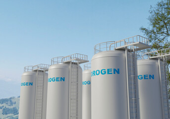 hydrogen fuel gas tank with blue sky on background, renewable energy technology. 3d illustration.