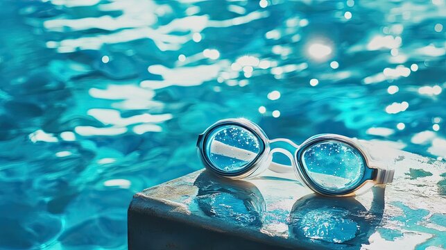 Pair of swimming goggles resting on a diving board, with blue pool water shimmering below, ideal for competitive swimming themes.