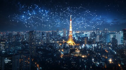 Obraz premium A wide shot of Tokyo at night city lights glowing