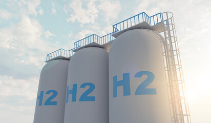 hydrogen fuel gas tank with blue sky and mounttain on background, renewable energy technology. 3d illustration.