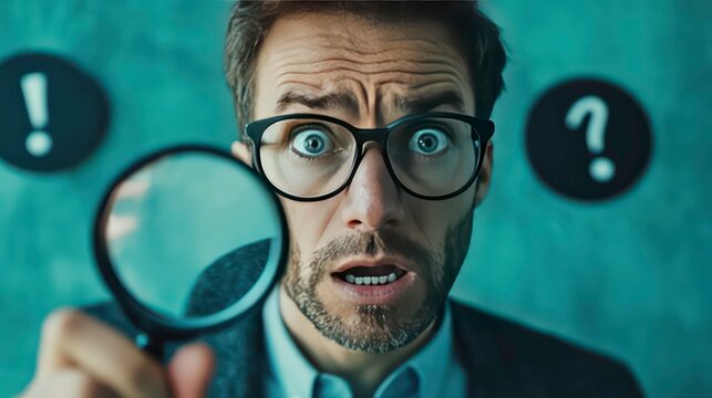 A man with a surprised expression holds a magnifying glass in front of him. Two signs, one with an exclamation mark and the other with a question mark are behind him.