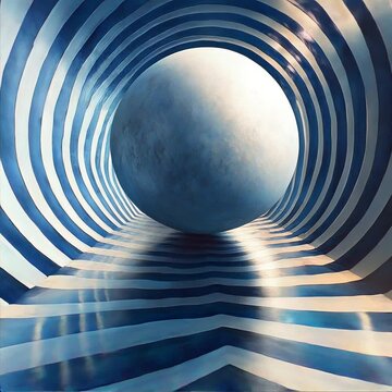 T&uacute;nel cil&iacute;ndrico rayado en blanco y azul, con una esfera central atraves&aacute;ndolo, efecto &oacute;ptico, mientras se desplaza la mirada hacia el interior, viaje a lo profundo, moci&oacute;n, autoconocimiento hipn&oacute;tico