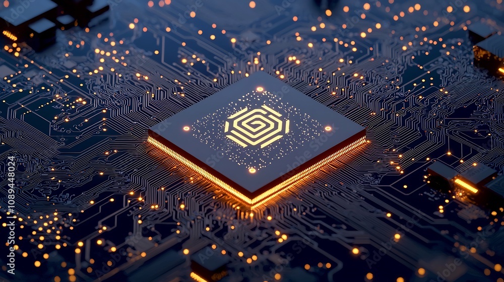 Poster bright neon yellow logo glowing brightly on a dark luxury tech background filled with intricate gold