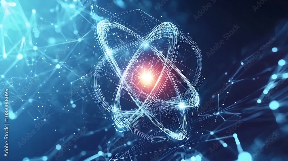 Poster bright radiant atom symbol with dynamic orbits and sparkling highlights surrounded by a digital blue