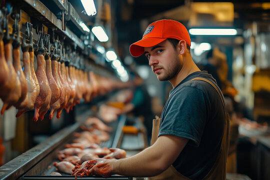 Factory employees selecting fresh meats in a bustling culinary environment
