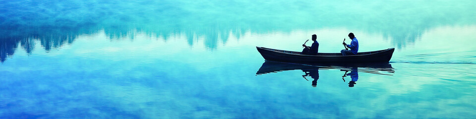 Fototapeta premium Tranquil Lake Serenade: A boat gently sails across the glassy waters, as a musician plays for their significant other.