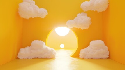 3D render of an abstract minimal yellow background featuring a tunnel with soft white clouds...