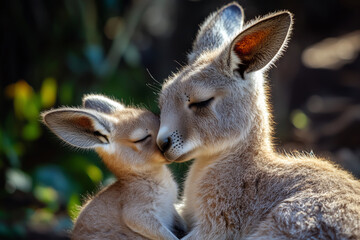 Fototapeta premium Tender moments between a baby kangaroo and its mother at a wildlife park