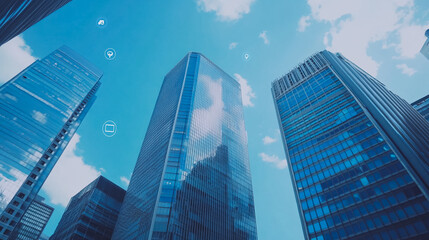 Obraz premium Smart digital Innovation Business skyscrapers in the Financial District with connection network reciprocity over the cityscape. of future smart wireless digital city and social media networking