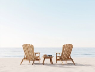 two wooden chairs facing the ocean on a sandy beach