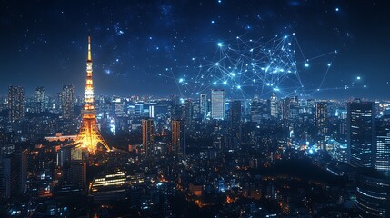 A wide shot of Tokyo at night city lights glowing