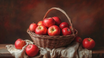 A basket of fresh, ripe red apples on a wooden table with a rustic cloth underneath.