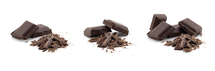 Broken chocolate pieces set isolated. Chocolate pieces on white background as package design elements.