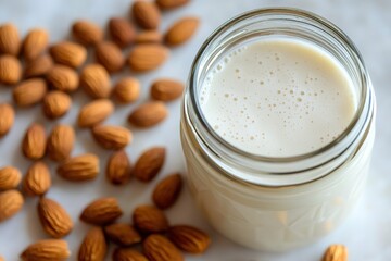 Glass of almond milk with scattered nuts on side