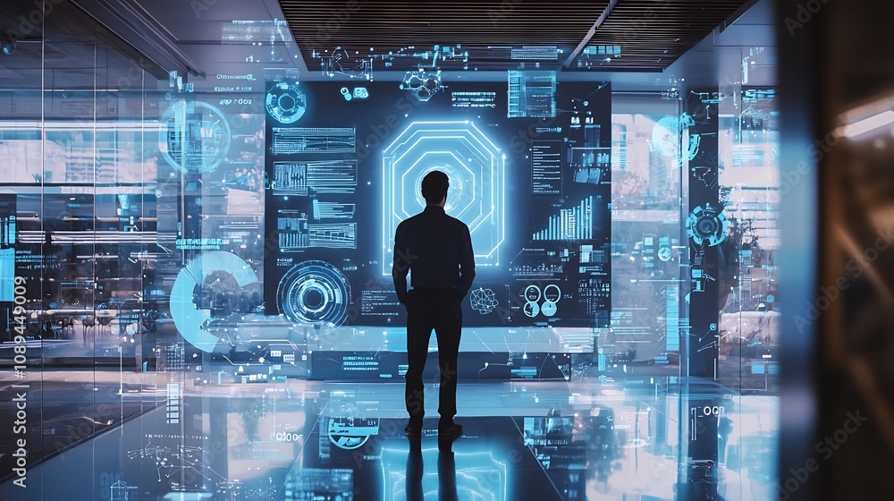 Poster businessman standing in modern office setting interacting with a virtual screen displaying a glowing