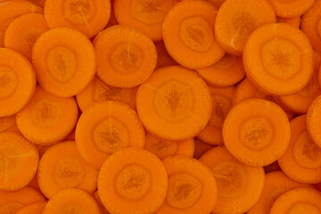 Slices of fresh ripe carrot as background, top view