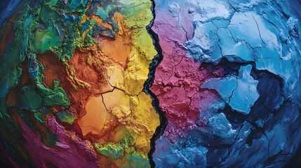 Naklejka premium Cracked and vibrant Earth split down the middle, surreal colors and textures colliding, illustrating the duality of environmental health and challenges.