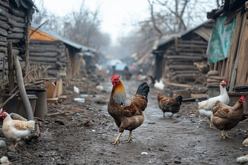 Domestic birds roam freely in a rustic poultry yard during a cloudy day