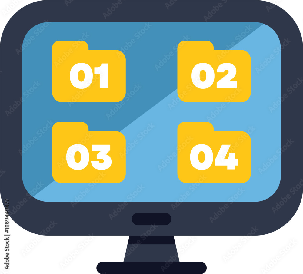 Poster computer monitor displaying four numbered folders, representing organized data and digital files