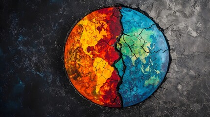 Visually striking half vibrant, half cracked Earth, emphasizing environmental challenges through contrasting colors and patterns, creating an impactful image.