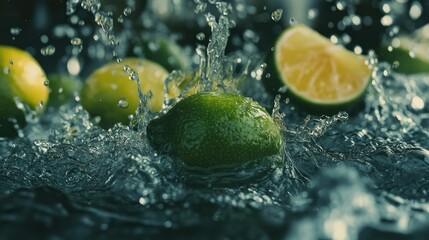 Refreshing limes dropping into water, with an energetic splash of droplets, perfect for a vibrant citrus-inspired scene.