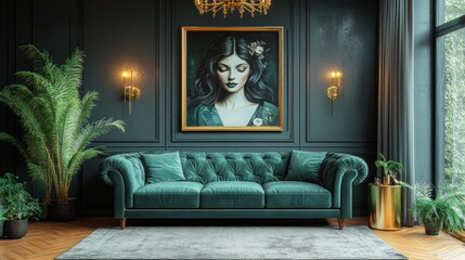Here's a description and keywords for the image.. Elegant living room with dark walls, green velvet sofa, framed portrait, and gold accents.