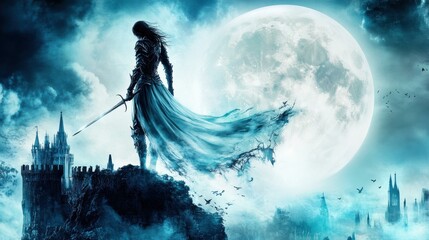 Ethereal Warrior Against a Full Moon: A Captivating Fantasy Scene