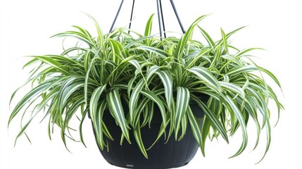 A lush, green spider plant hanging in a black pot with white stripes on its leaves.
