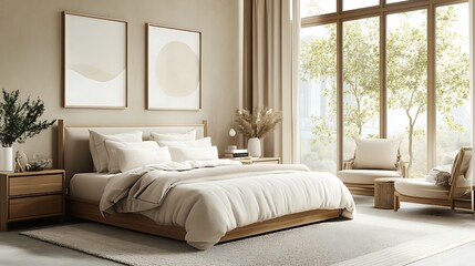 Elegant and Cozy Modern Bedroom Interior Design with Stylish Decor, mockup, poster and Background