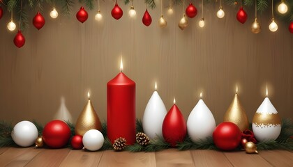 Decoración Navideña Minimalista Un fondo limpio y elegante con esferas navideñas metálicas en tonos dorado, rojo y blanco, dispuestas simétricamente sobre una superficie de mármol o madera clara