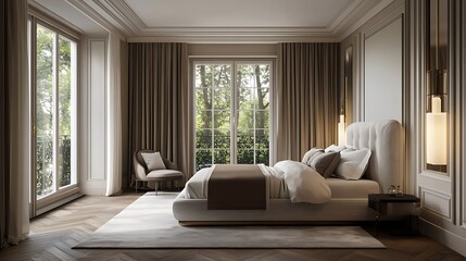 Fototapeta premium Elegant and Cozy Modern Bedroom Interior Design with Stylish Decor, mockup, poster and Background