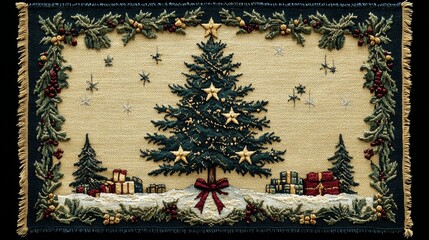 Festive woven tapestry featuring a decorated christmas tree and presents