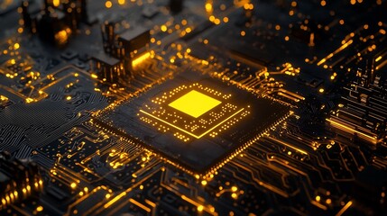 Close up of a bright neon yellow intelligence logo embedded within a sophisticated dark background featuring intricate golden electronics patterns showcasing an advanced semiconductor chip