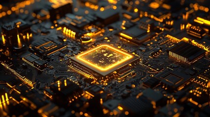 Close up of a futuristic semiconductor with a luminous neon yellow intelligence logo surrounded by elegant golden electronics on a sleek dark high tech background