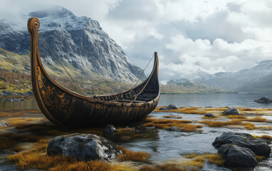 Viking village, drakkar on the water, mountains 