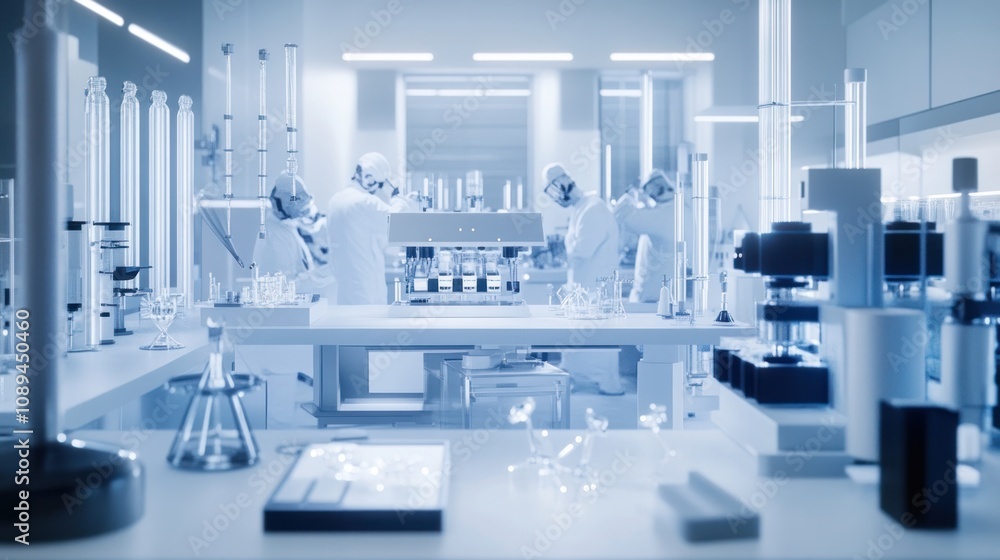 Poster lab setup with intricate equipment like superconducting qubits and laser systems, surrounded by a te