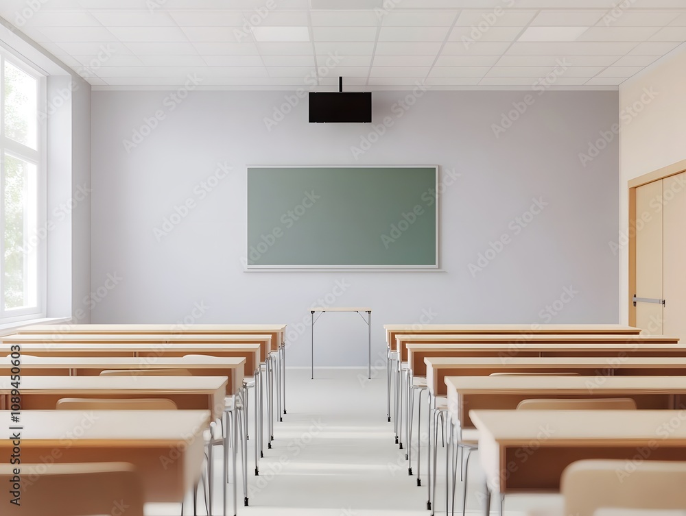 Poster empty classroom with desks and chalkboard