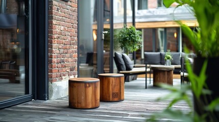 Discarded industrial drums converted into stylish minimalist stools arranged around a trendy outdoor seating area  The repurposed furniture pieces showcase a modern eco friendly design aesthetic