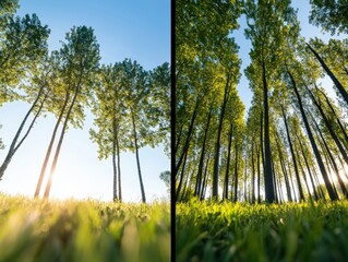 sunlight filtering through tall trees in a lush green forest