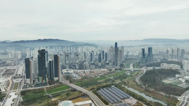 Drone View of Sejong City in South Korea, Park, Autumn, 60fps