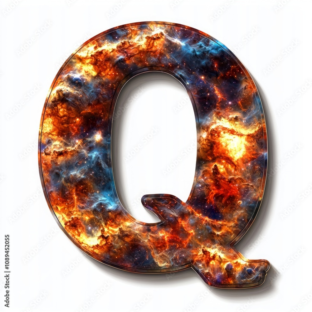 Poster striking letter q created using artistic space infinity design featuring vibrant cosmic colors set p