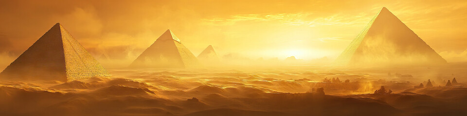 Obraz premium Egyptian Pyramids at Sunrise: The iconic structures, shrouded in mist, are bathed in golden light as the sun rises over the desert.