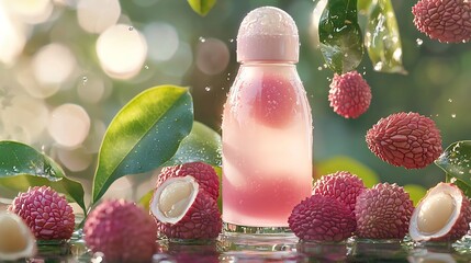 Closeup of a light pink lychee juice bottle surrounded by peeled lychees whole lychees and green leaves with water droplets in the background creating a refreshing and natural still life composition